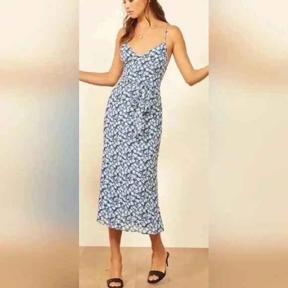 REFORMATION Flourish Ivory Floral Print DIETRICH A-Line Tie Waist Crepe Dress 2P - Picture 5 of 16